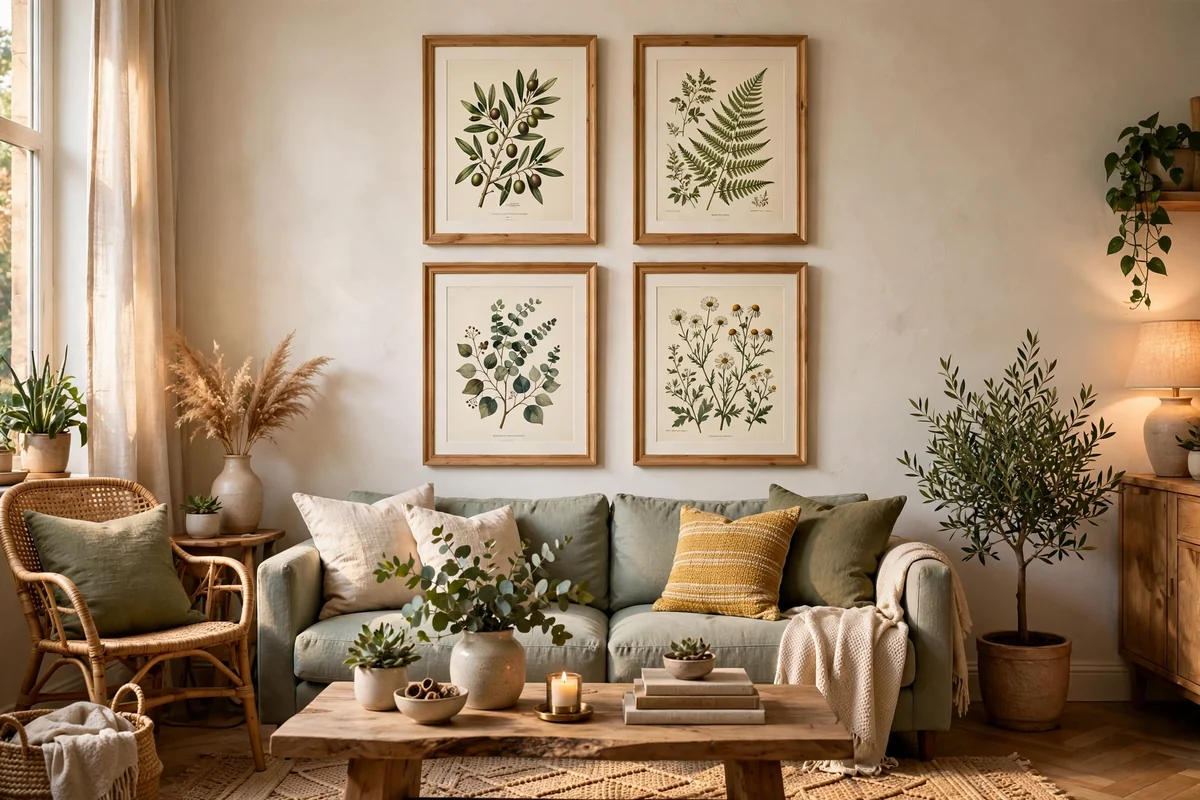 Botanical prints on living room wall