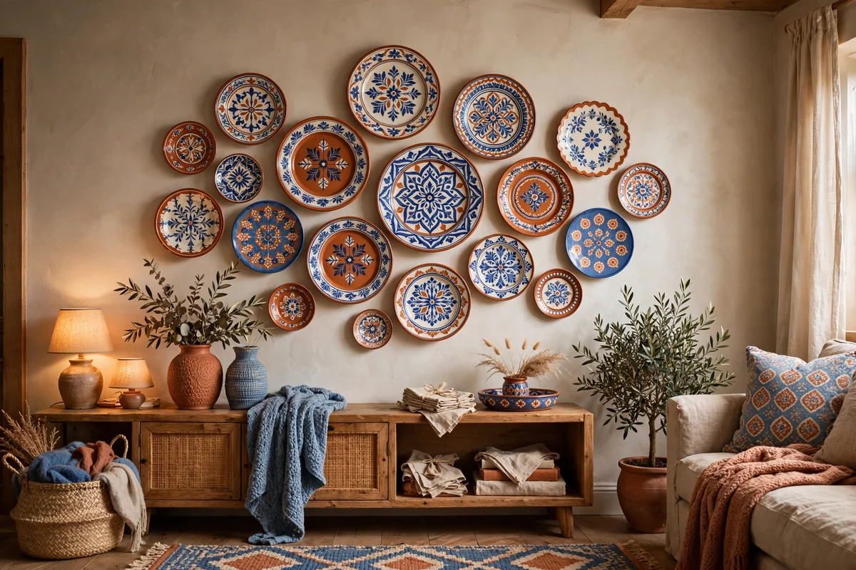 Decorative plate wall display in living room