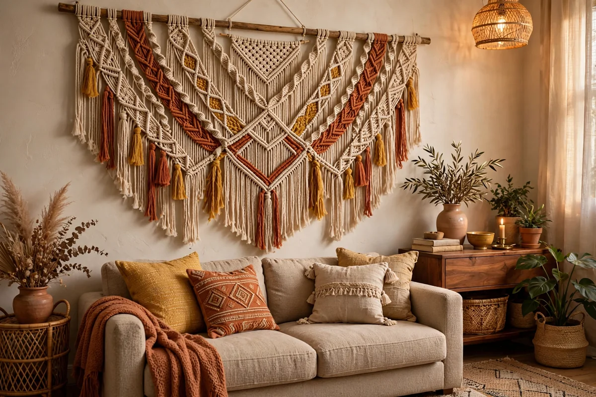 Colorful macrame wall hanging in living room