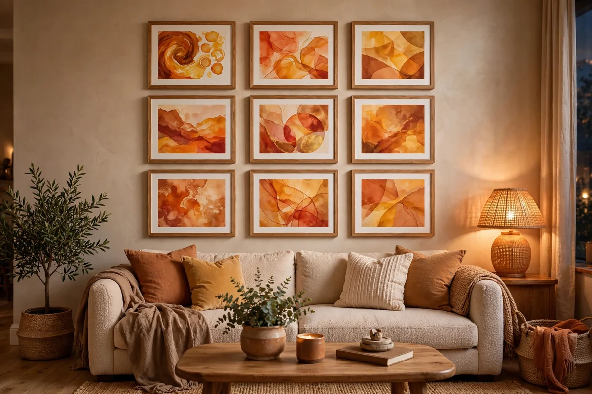 Framed family photos on living room wall