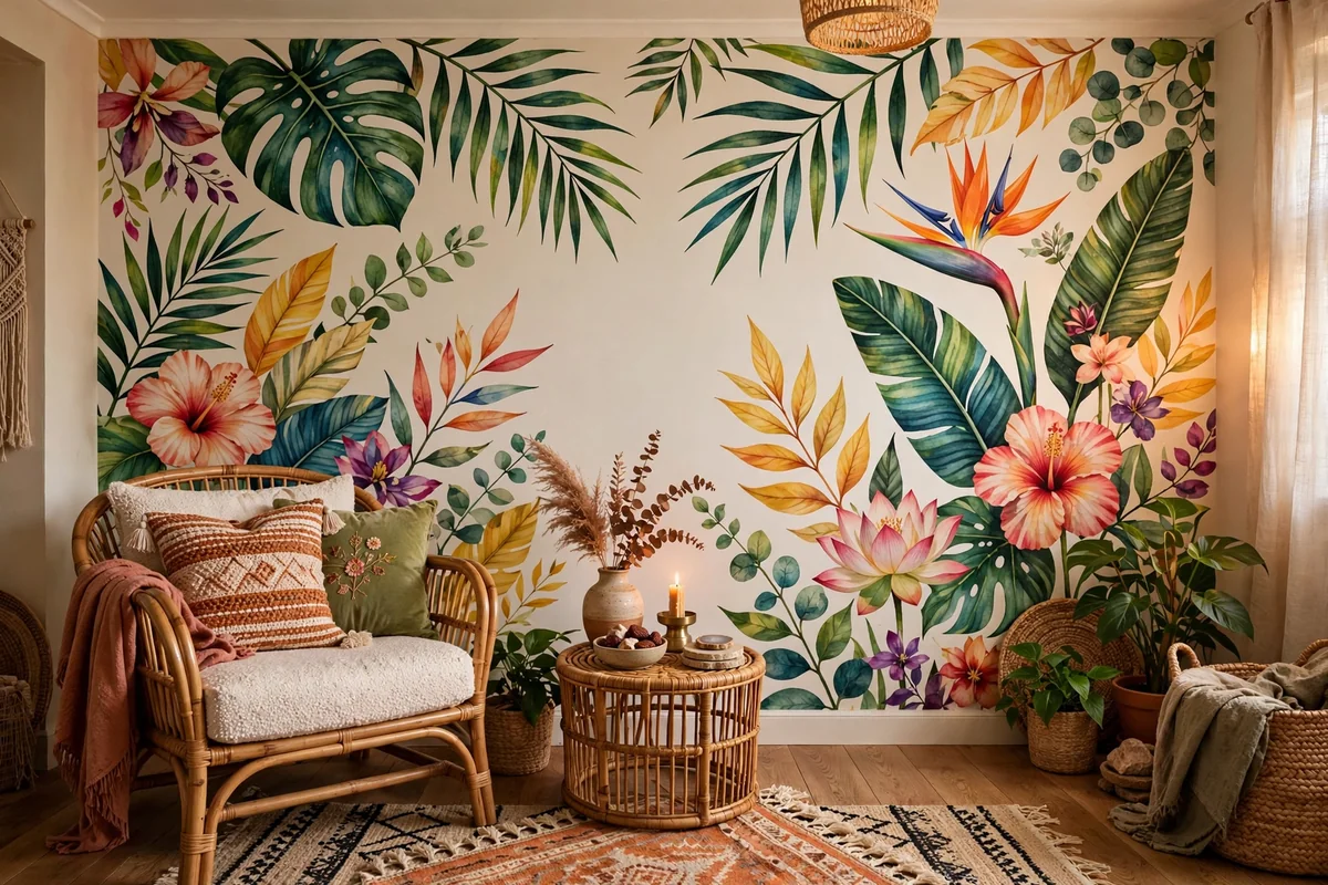 Peel-and-stick mural on living room wall