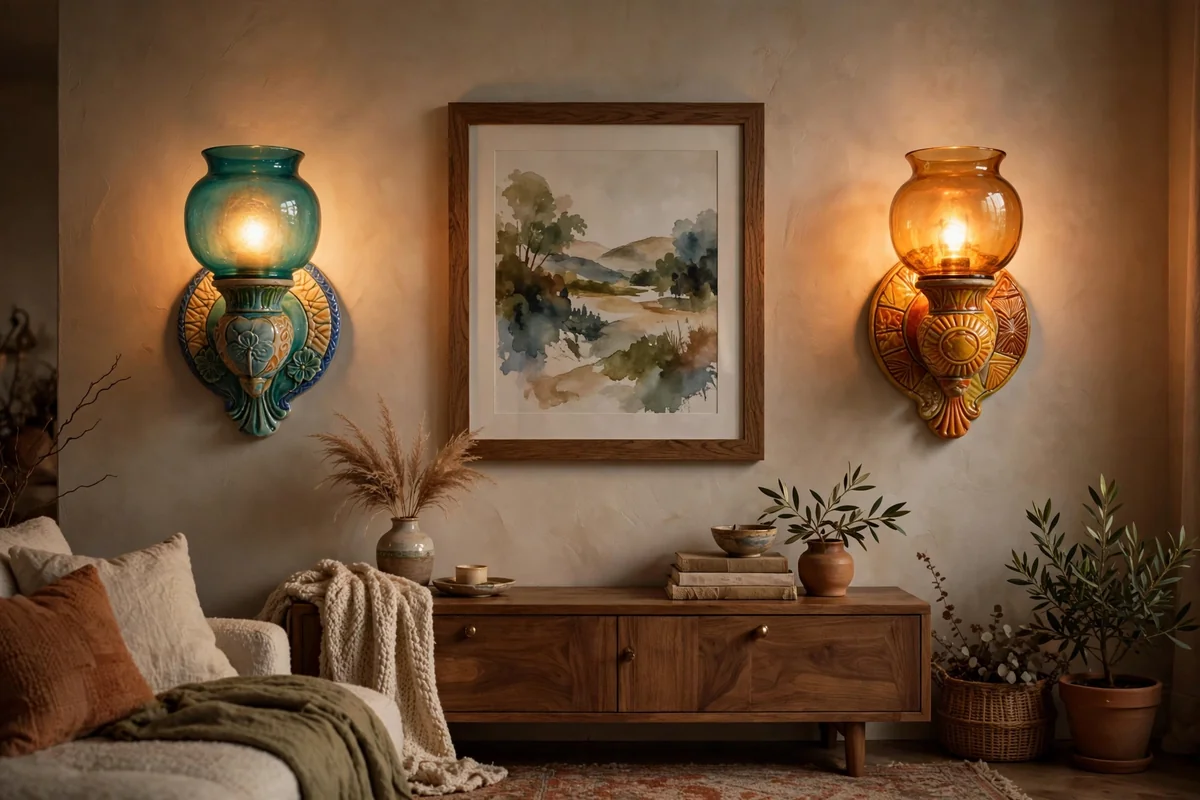 Colorful wall sconces in living room