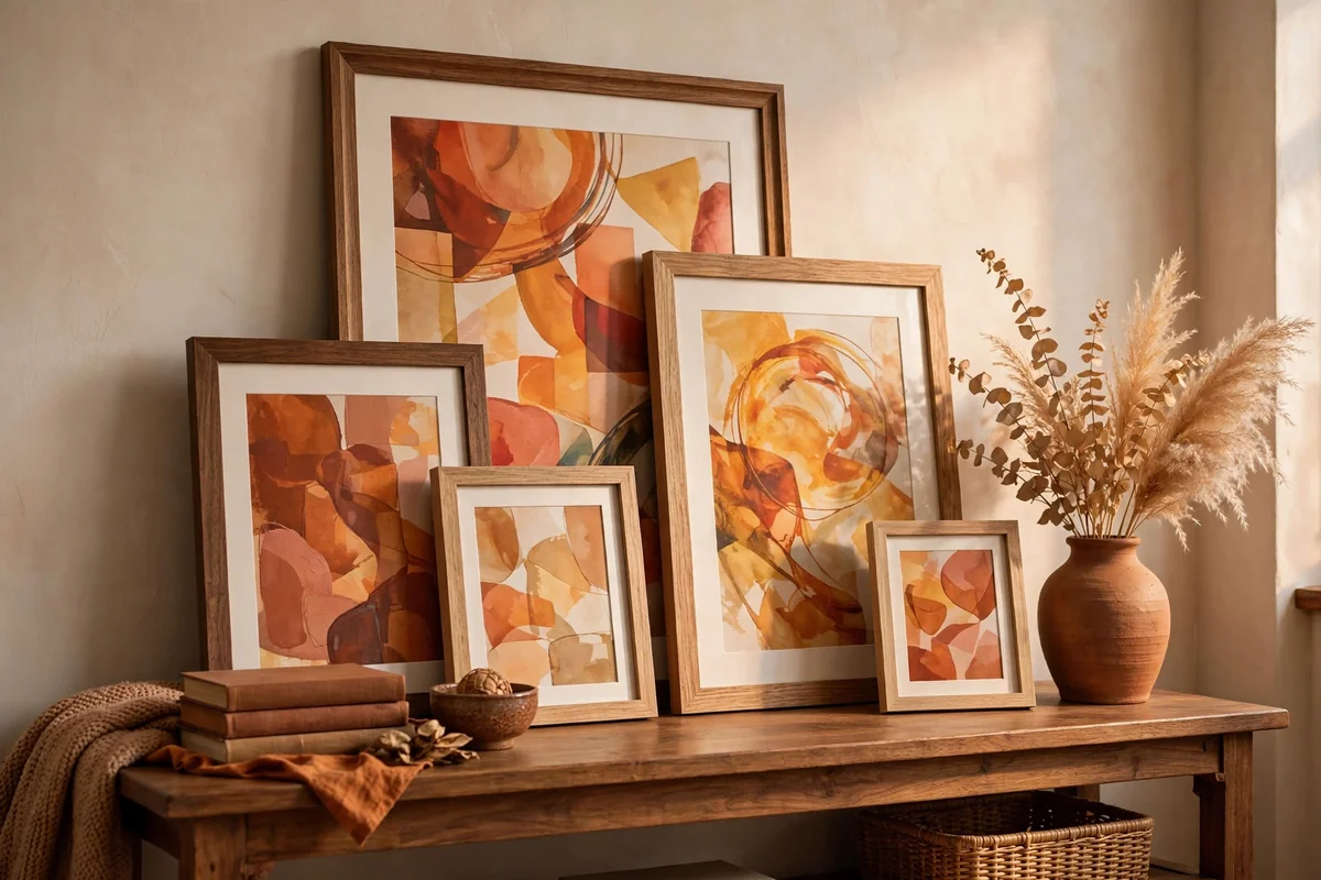 Layered picture frames on console in living room