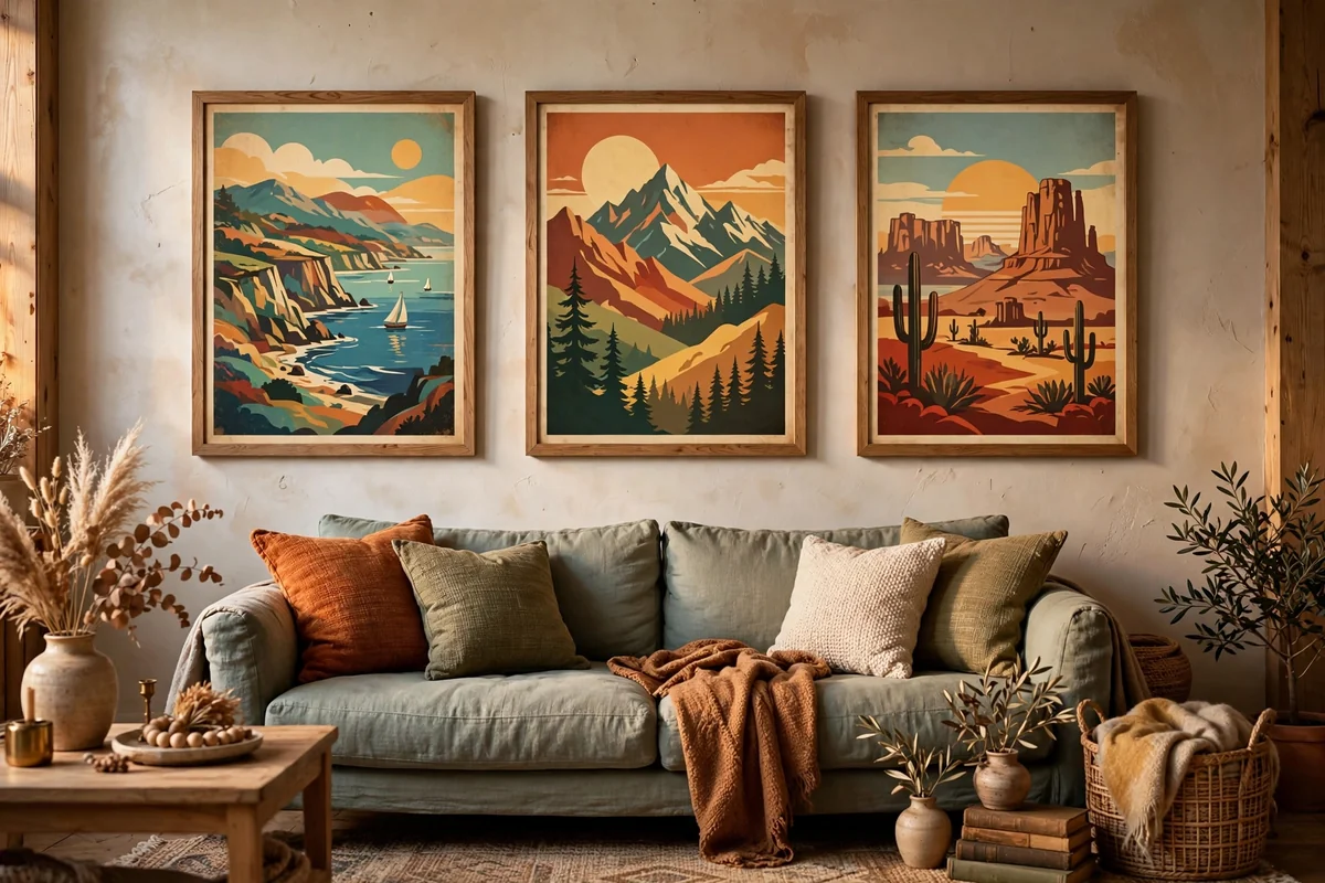 Vintage posters on living room wall