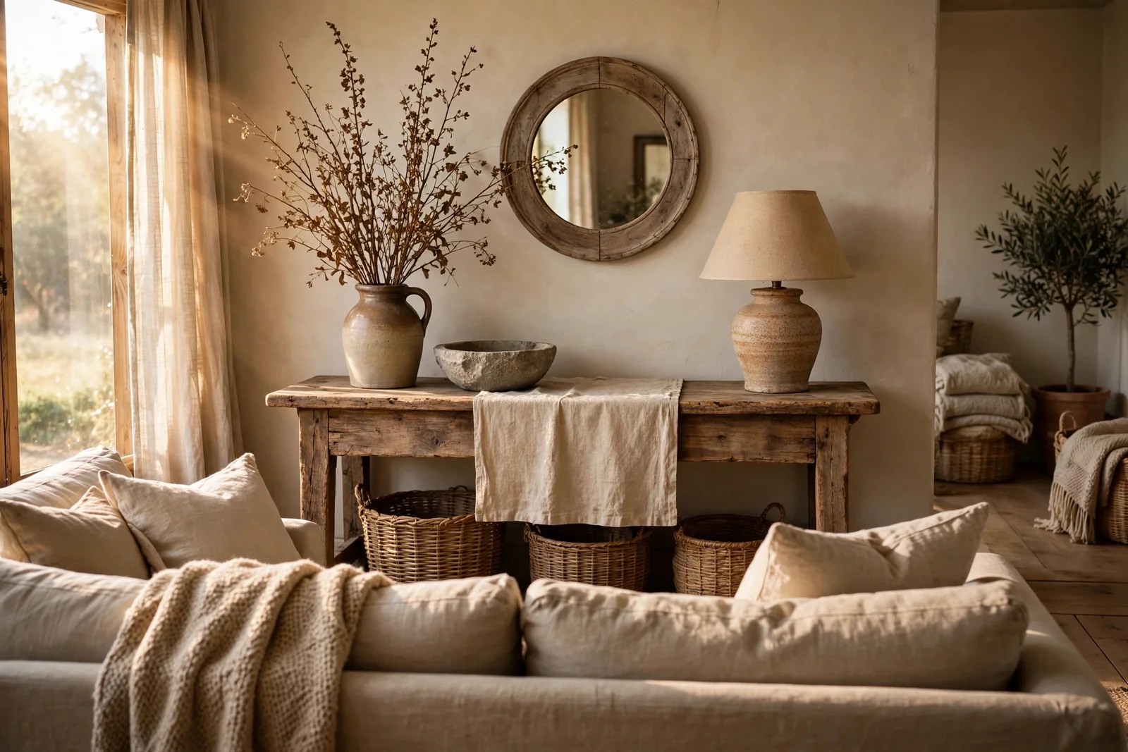 Rustic console table behind a sofa styled with wood mirror, linen runner, branches, stone bowl and lamp