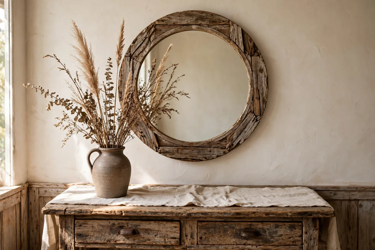 Round weathered wood mirror hung above a rustic console table