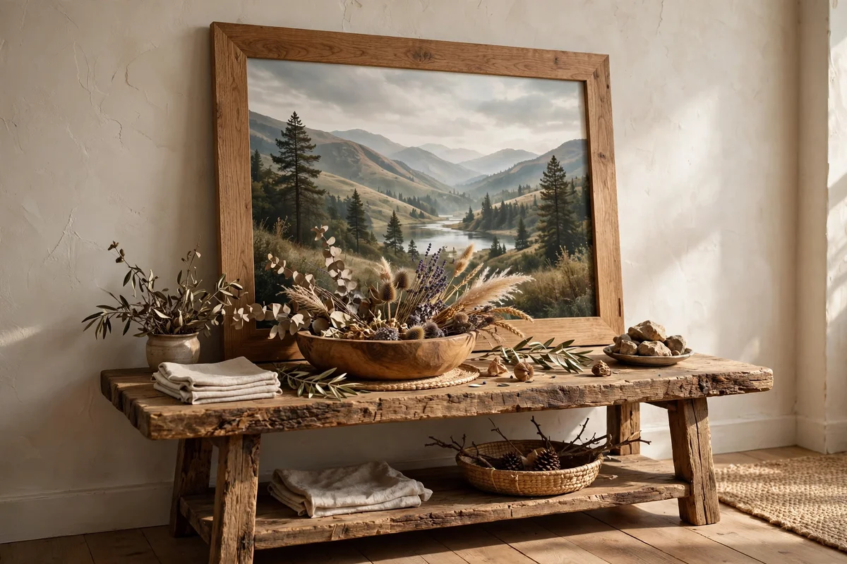Large oak framed landscape print leaning above a rustic console table