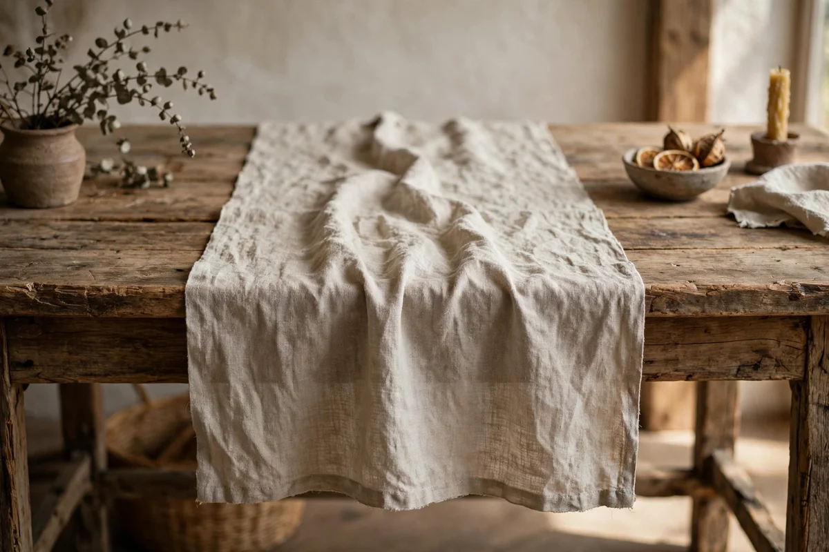 Natural linen runner centred on a rustic wooden console table