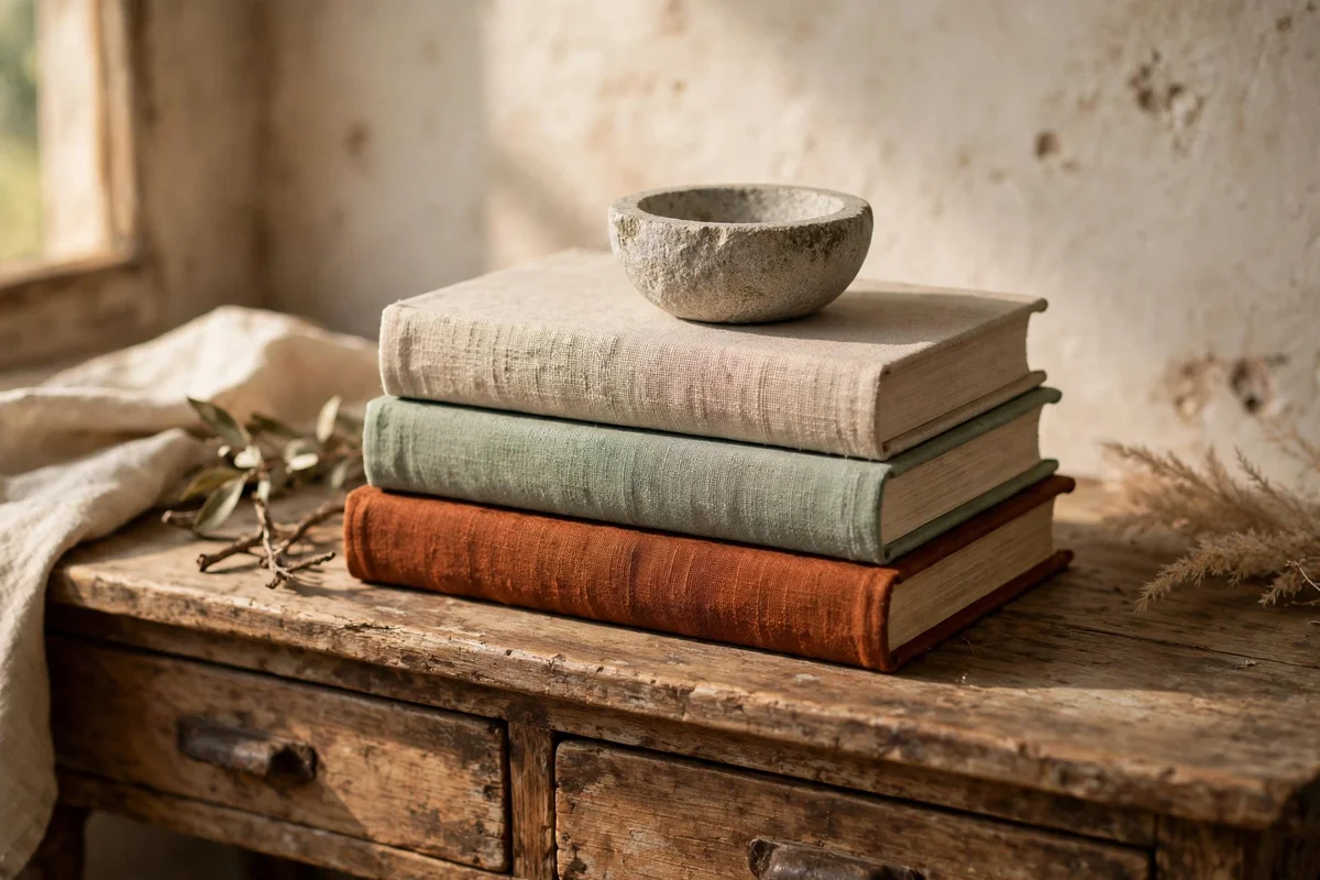 Stack of three clothbound books lifting a small stone bowl on a console