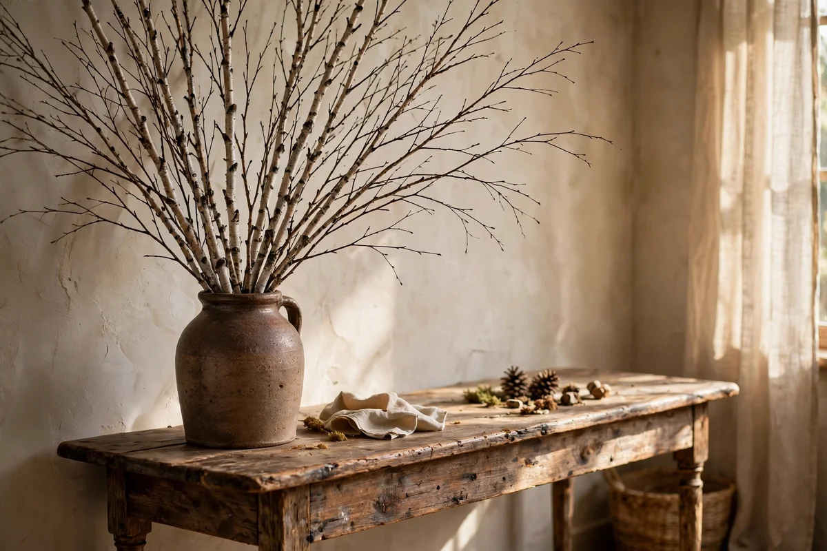 Tall dried branches in a stoneware jug at one end of a console table