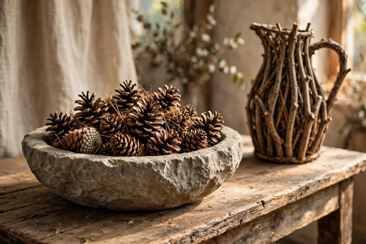 Low stone bowl of pine cones balancing tall branches on a console