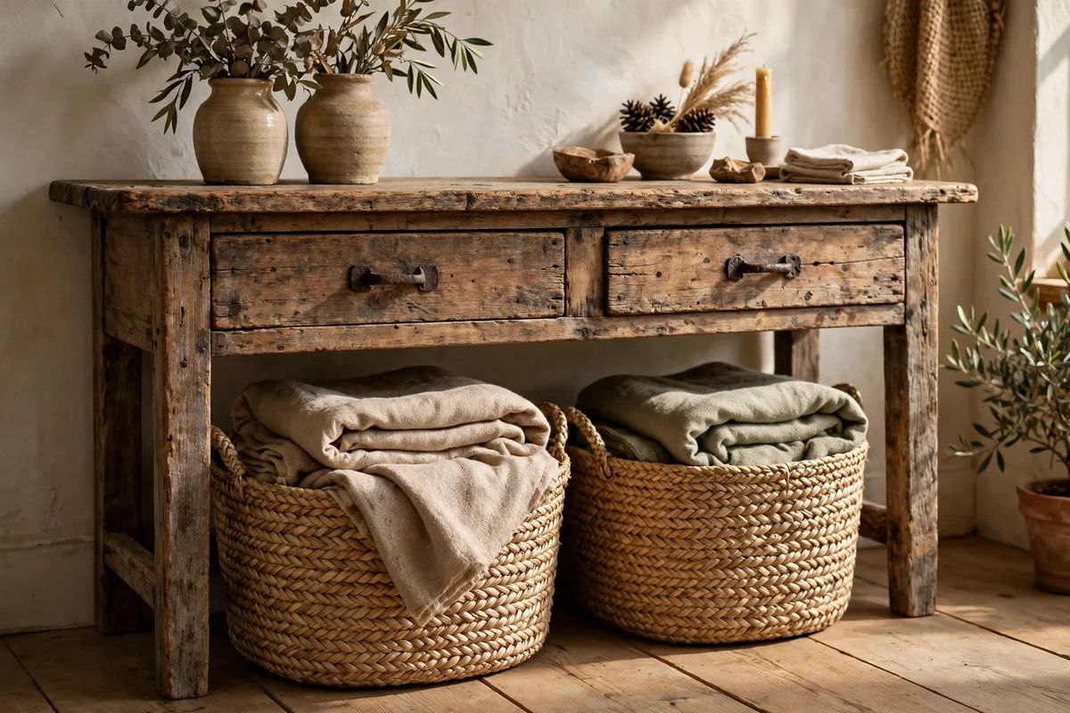 Two woven baskets tucked under a rustic console table for storage