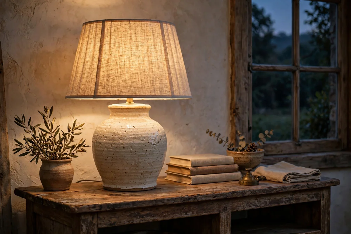 Ceramic lamp with flax shade glowing on a rustic console table