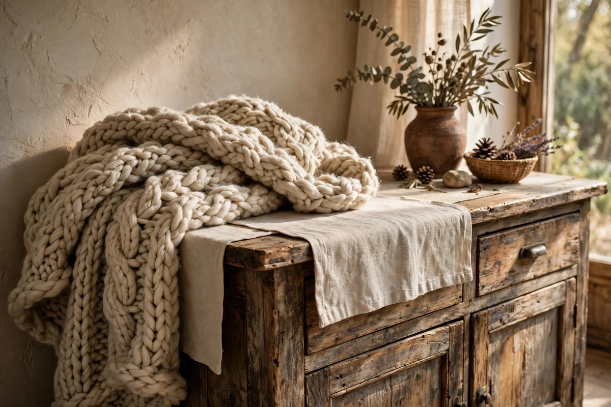 Chunky knit throw draped over the corner of a rustic console table