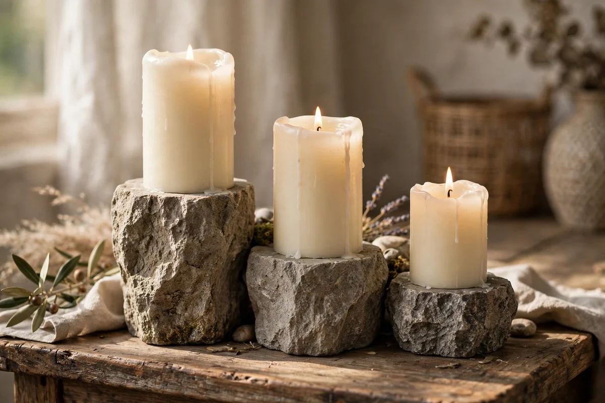 Three pillar candles in descending stone holders on a console table