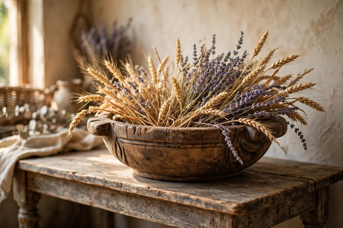 Carved wooden dough bowl of dried botanicals on a console table