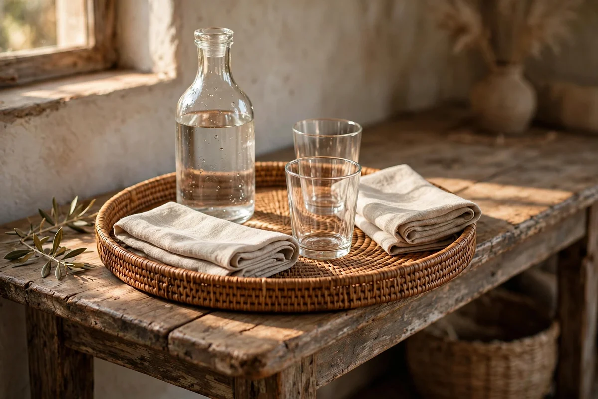 Woven tray with glass carafe and linen napkins on a console table