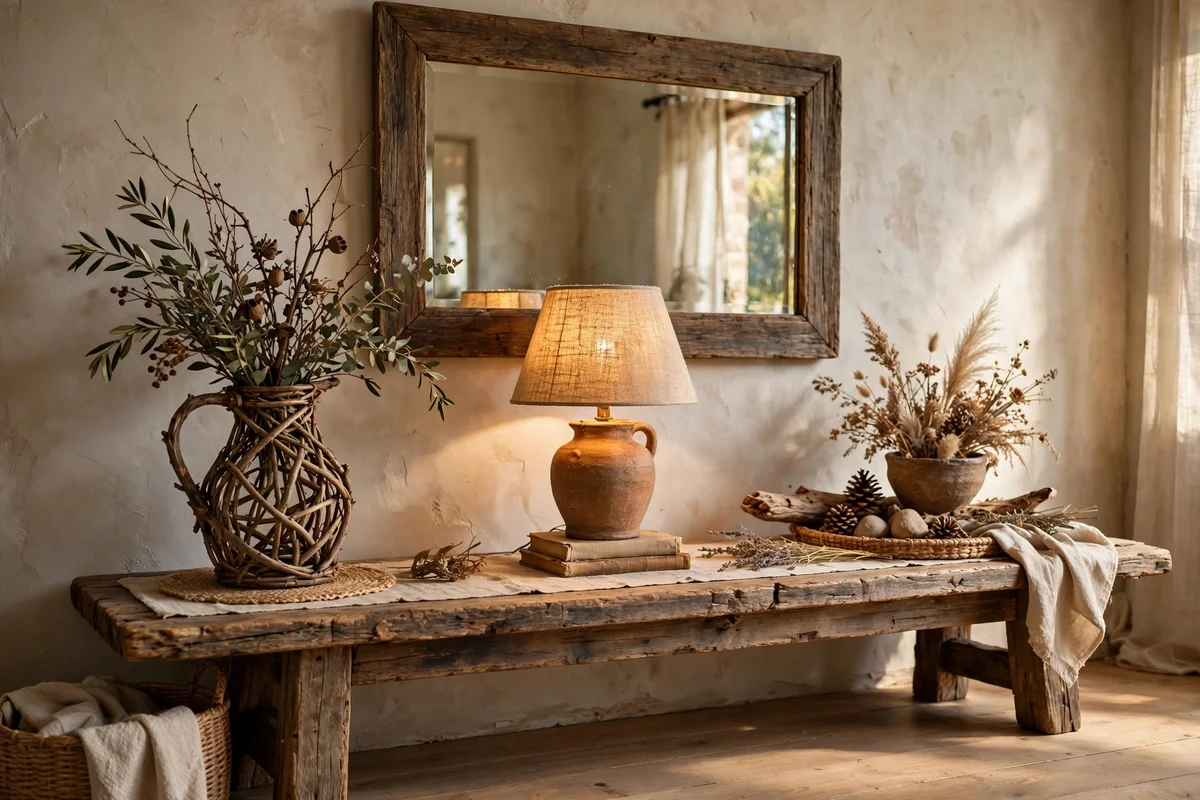 Console table divided into three styled zones with mirror and lamp