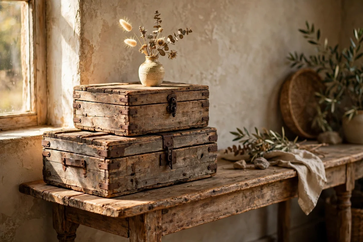 Two aged timber boxes stacked at one end of a console table
