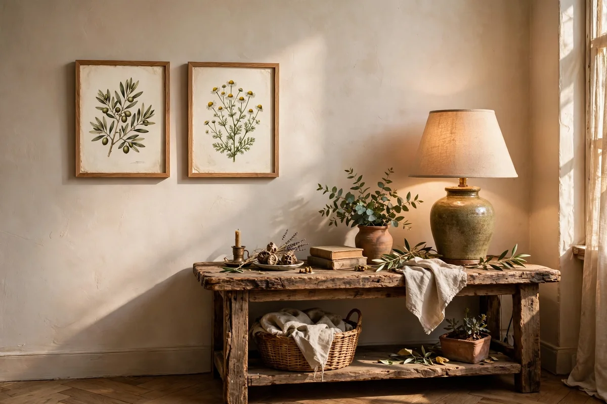 Two small botanical prints hung off centre above a console table