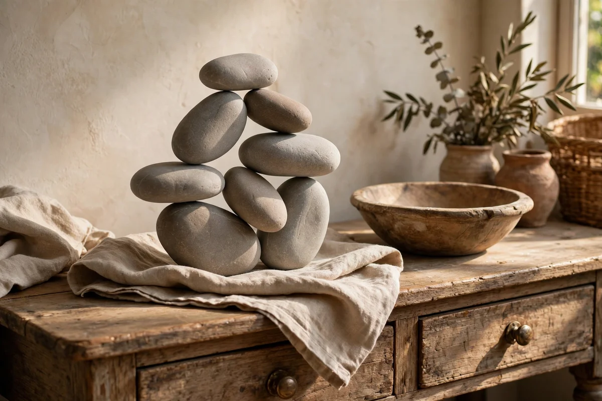 Smooth river stone sculpture on folded linen on a console table