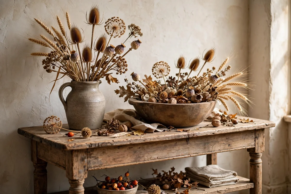 Console table with autumn seed heads in jug and dough bowl