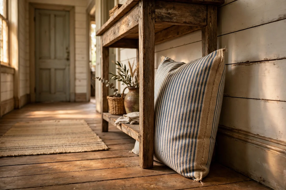 Grain sack cushion tucked against a hallway console table leg