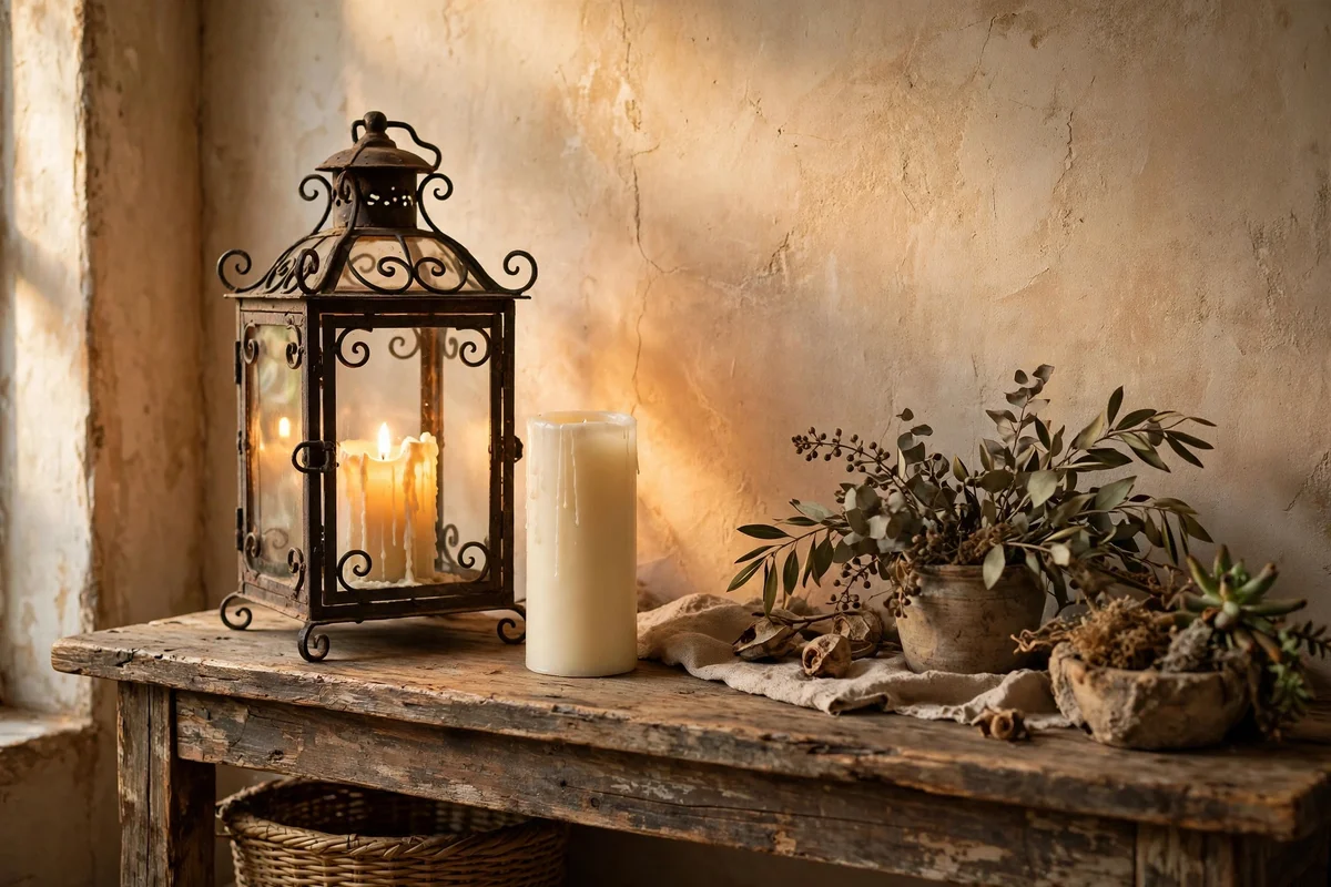 Wrought iron lantern with pillar candle beside a console table