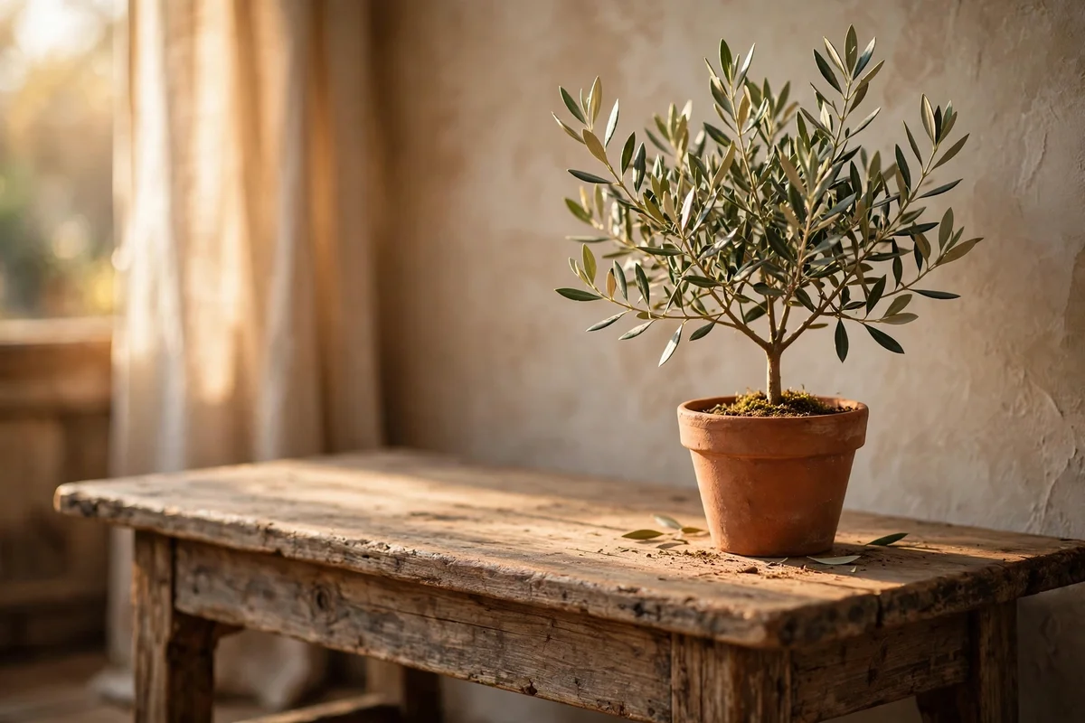 Small olive tree in terracotta pot on a rustic console table
