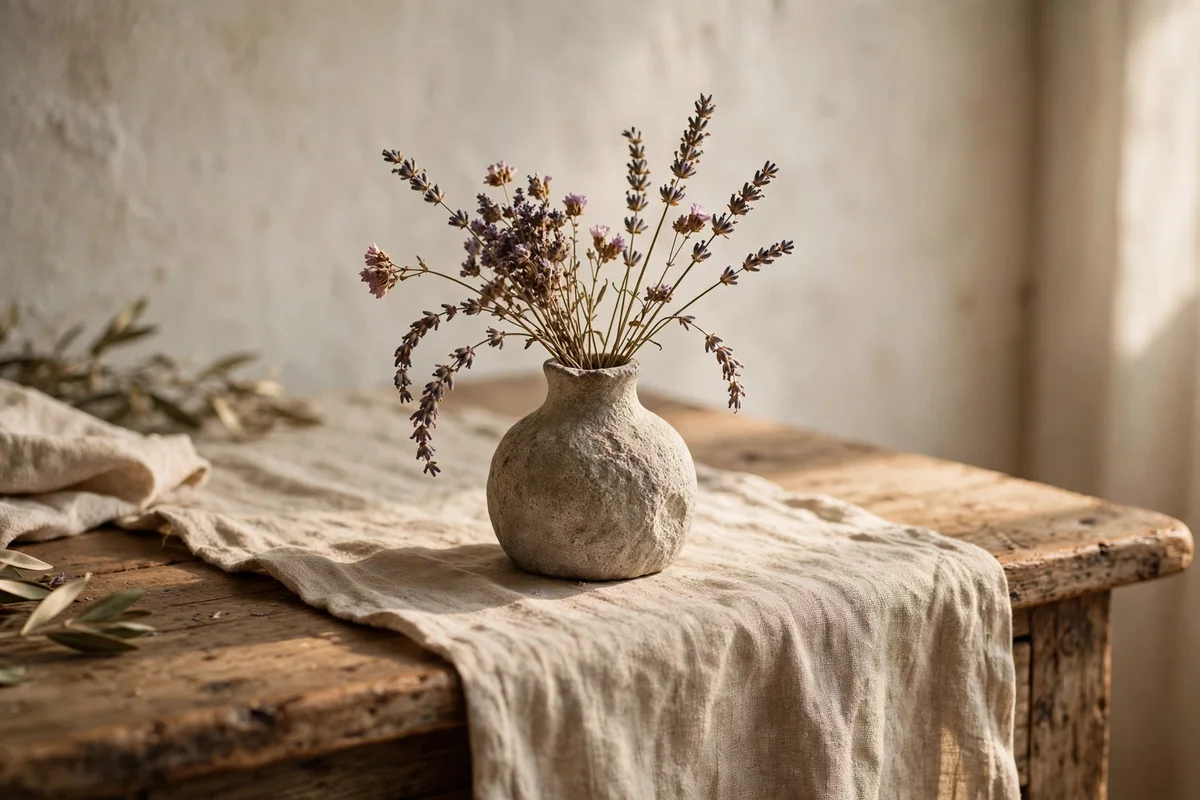 Small stone vessel of dried lavender on a rustic console table