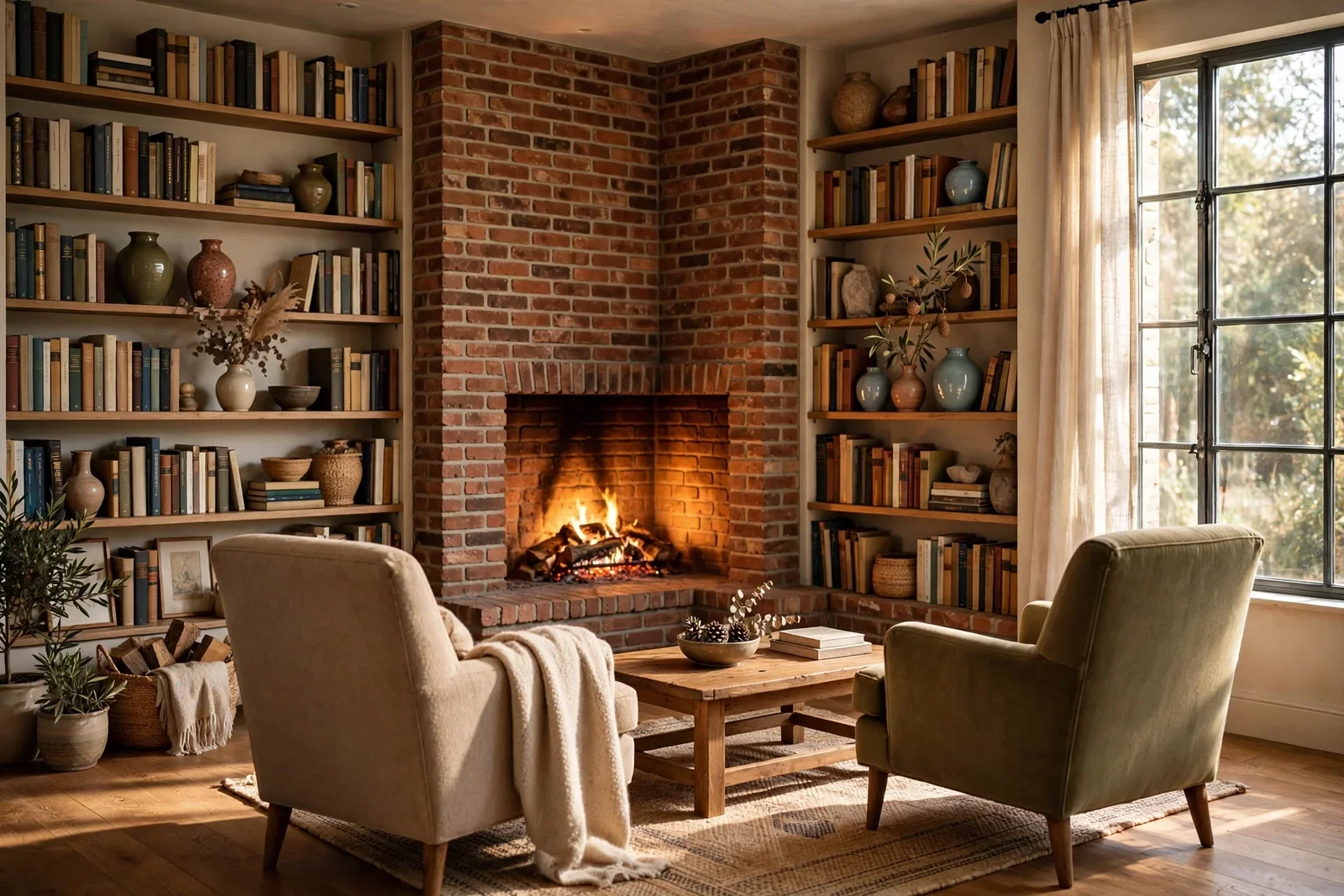 Living room with a glowing corner fireplace, angled armchairs and built-in shelves in warm light