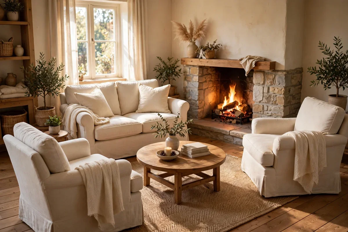 Loveseat and two armchairs angled toward a glowing corner fireplace