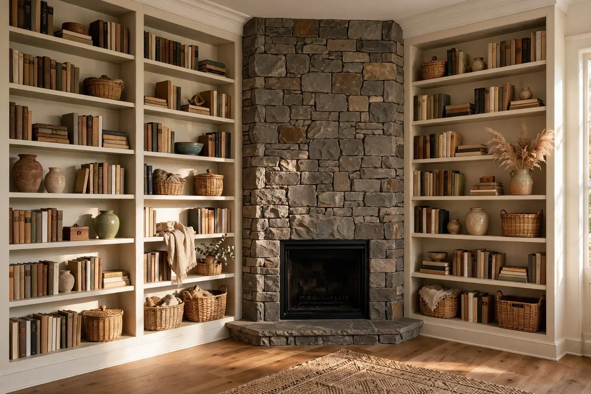 Floor to ceiling built in shelves framing both sides of a corner fireplace