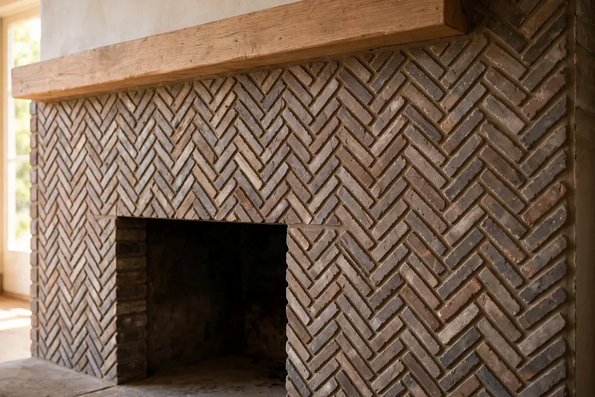 Corner fireplace wrapped in herringbone brick tile with warm grout