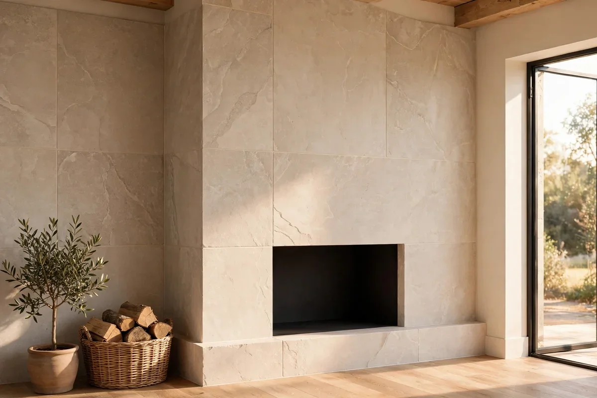 Corner hearth clad in large format stone slabs with a crisp corner joint