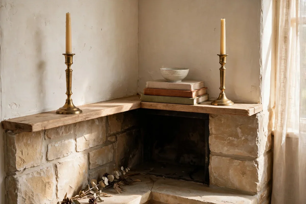 Narrow corner mantel shelf styled with candlesticks books and a bowl