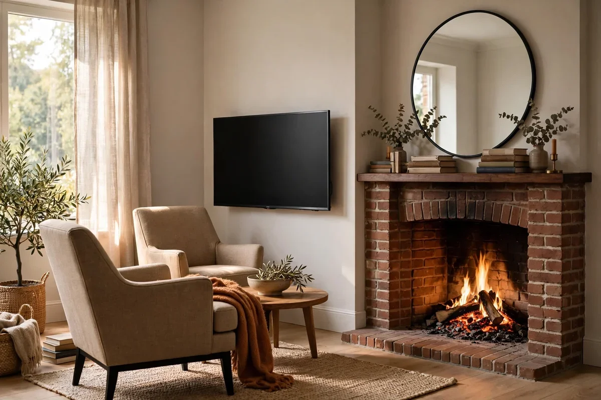 Television mounted on the wall beside a corner fireplace