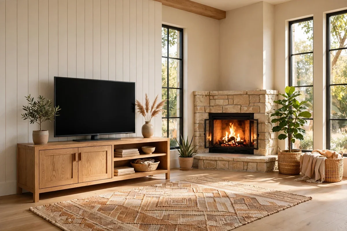 Low wooden media stand with a television across the room from a fireplace
