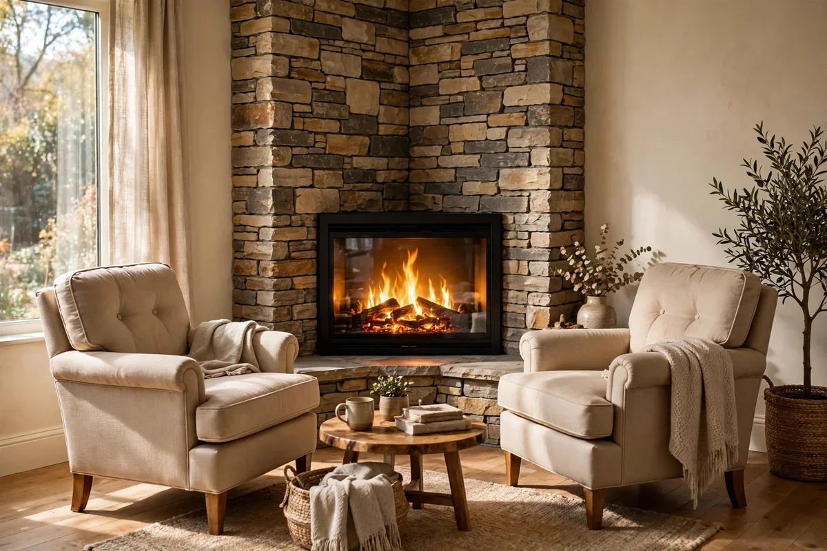 Electric fireplace insert glowing inside a corner hearth