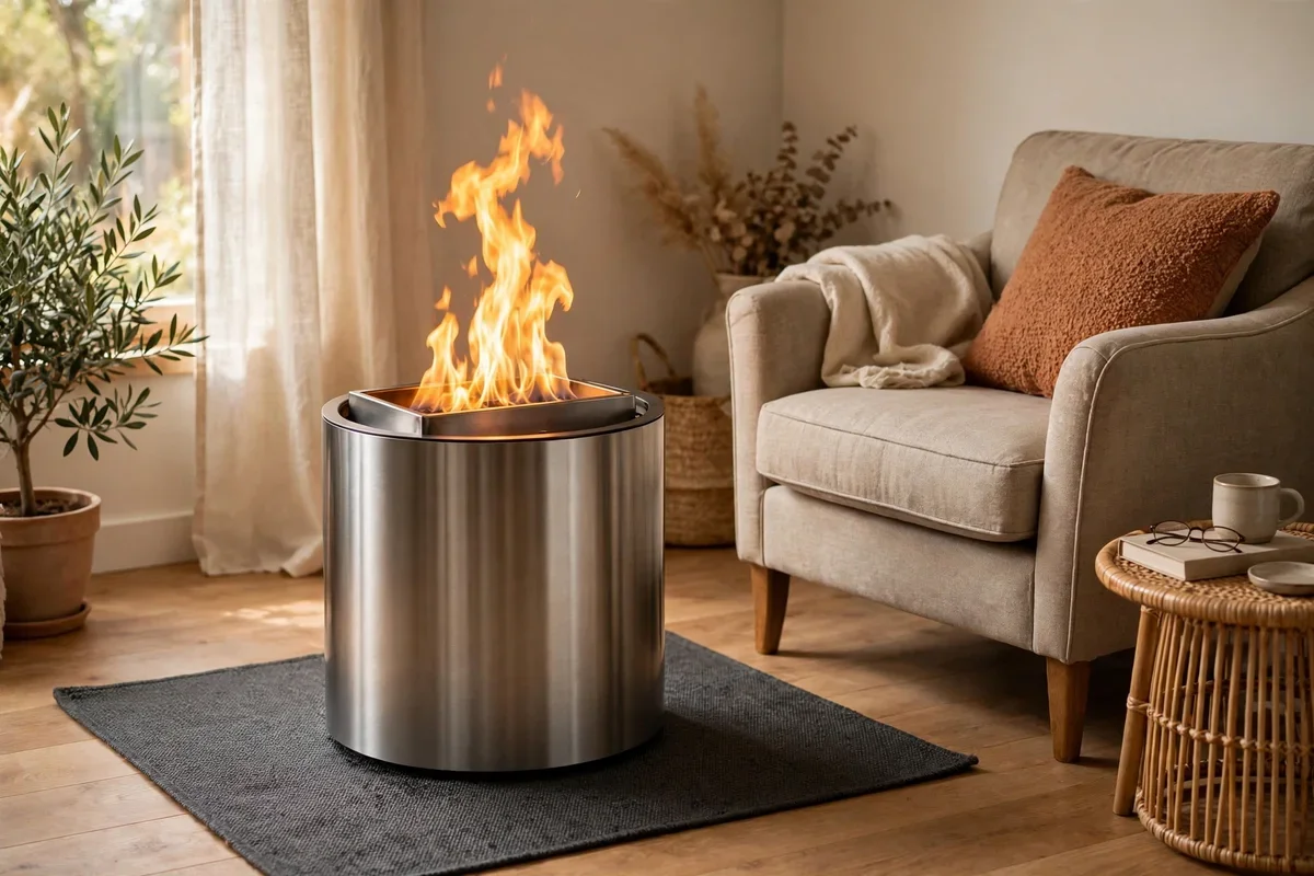 Free standing bioethanol fire burning softly in front of a corner