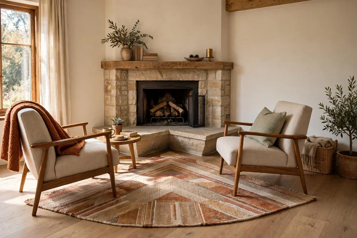 Wedge cut flatweave rug following the angle of a corner hearth