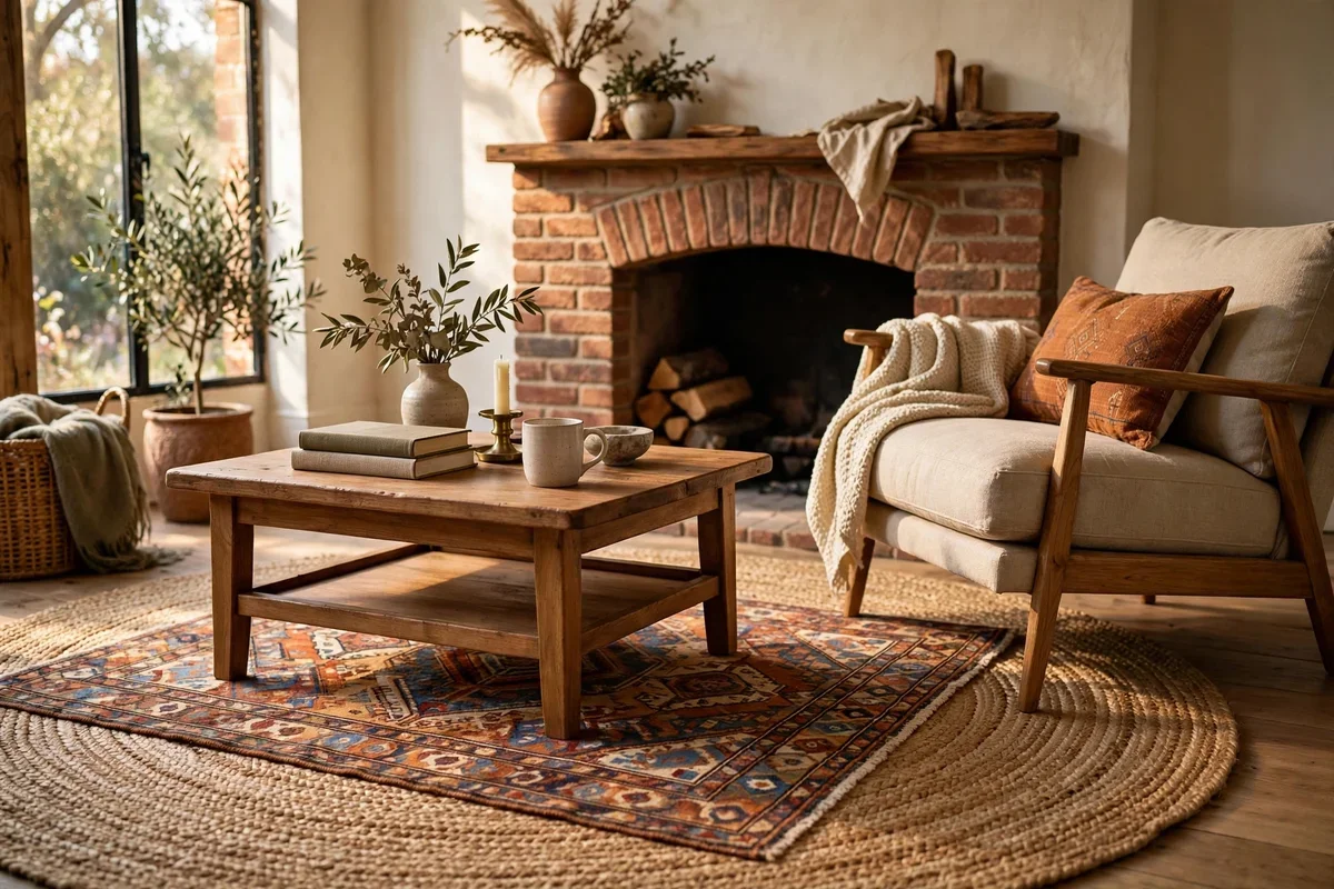 Round jute rug layered under an angled coffee table near a fireplace