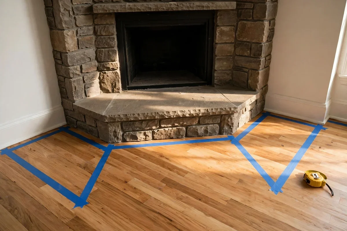Tape marked hearth clearance lines on the floor in front of a corner fire