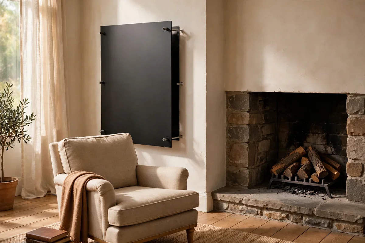 Steel heat shield mounted on spacers on the wall beside a fireplace