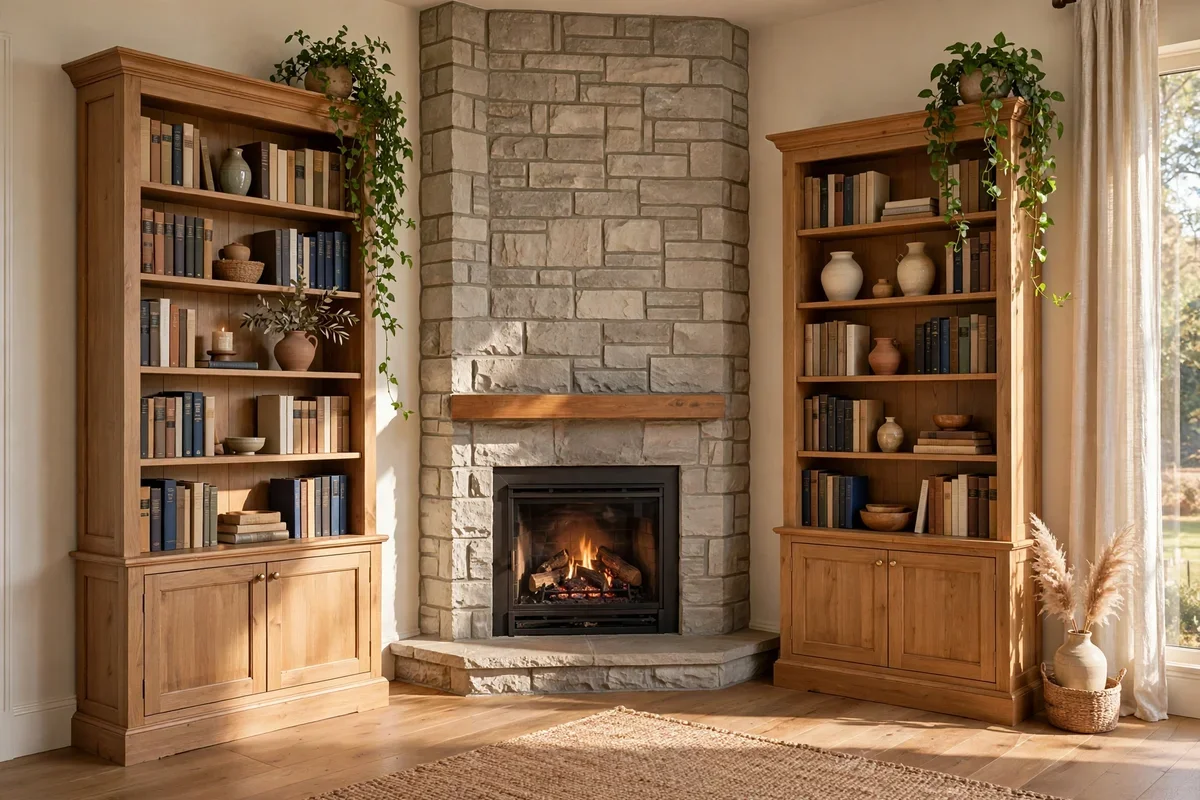 Matching tall bookcases standing on both sides of a corner fireplace