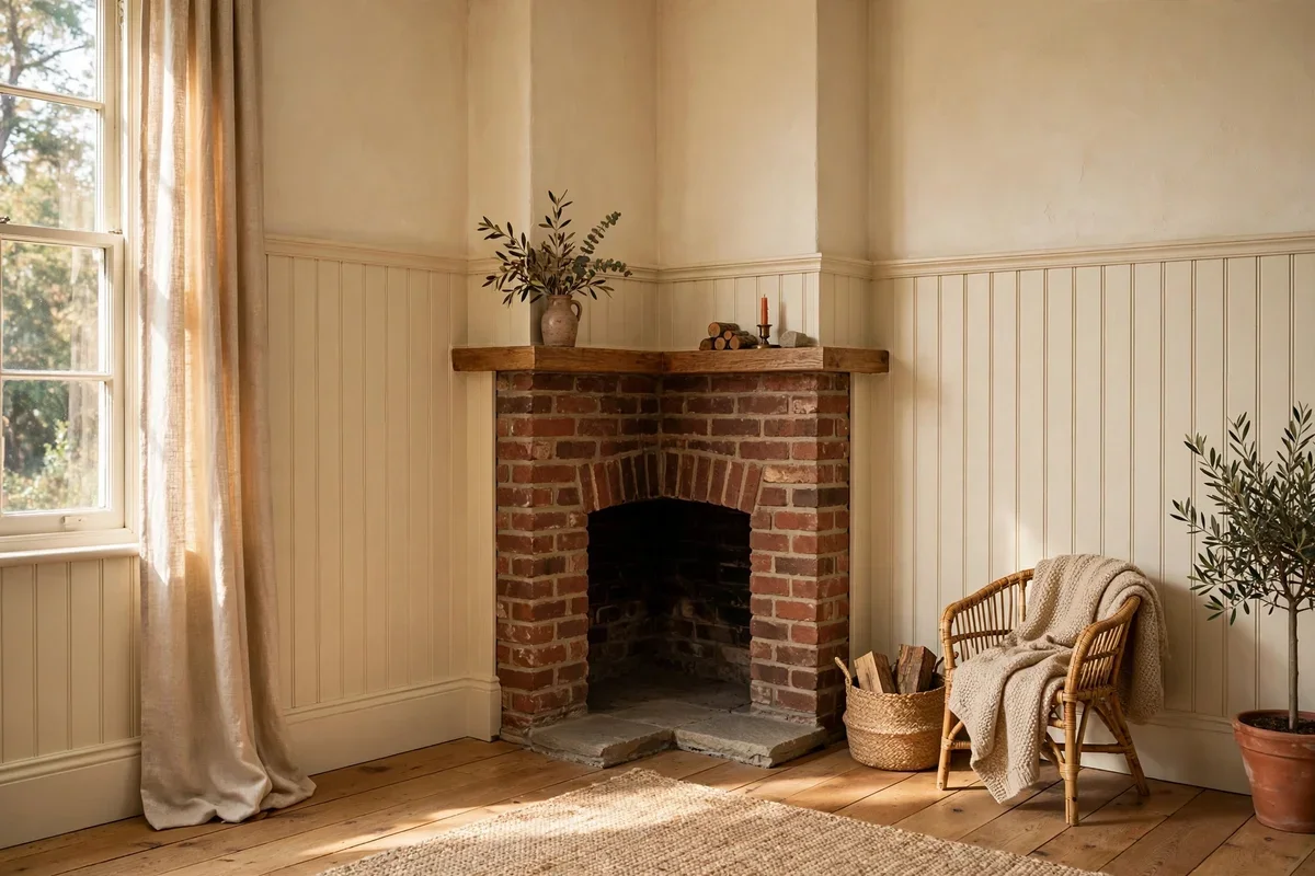Beadboard wainscoting running around the corner behind a fireplace