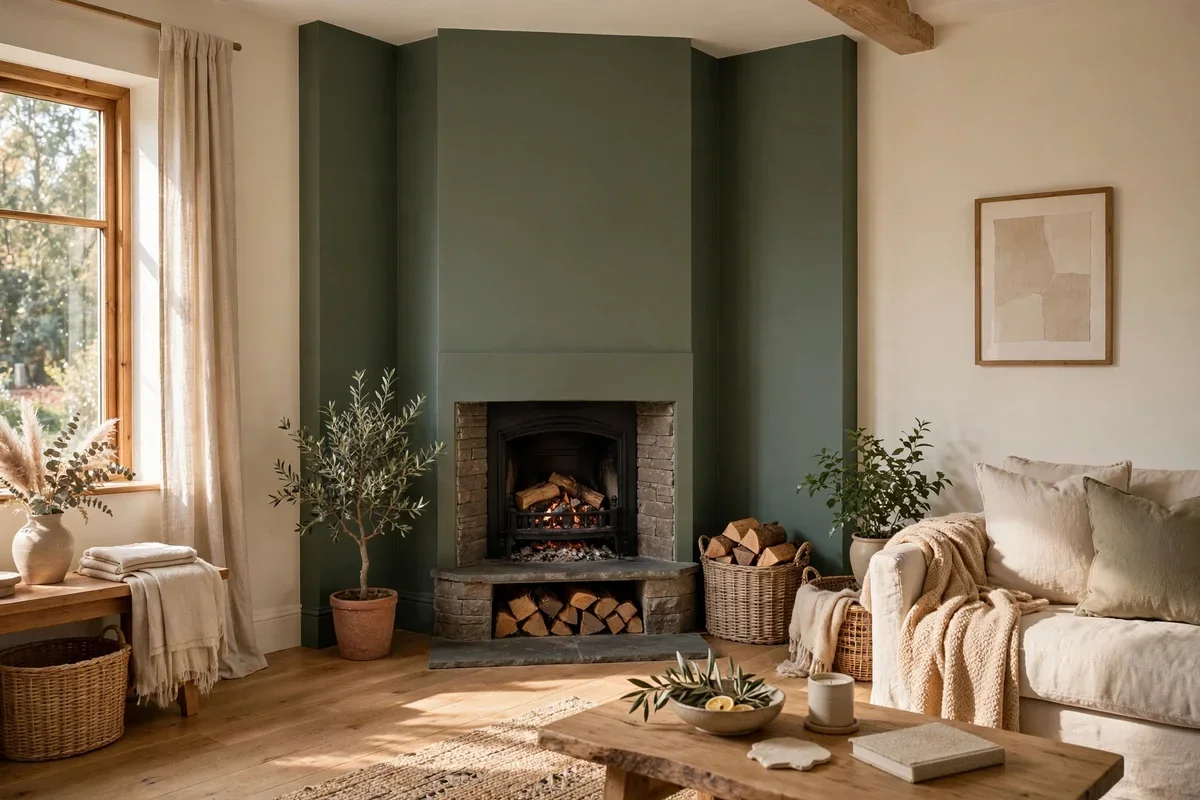 Fireplace walls painted a deep sage tone against lighter room walls
