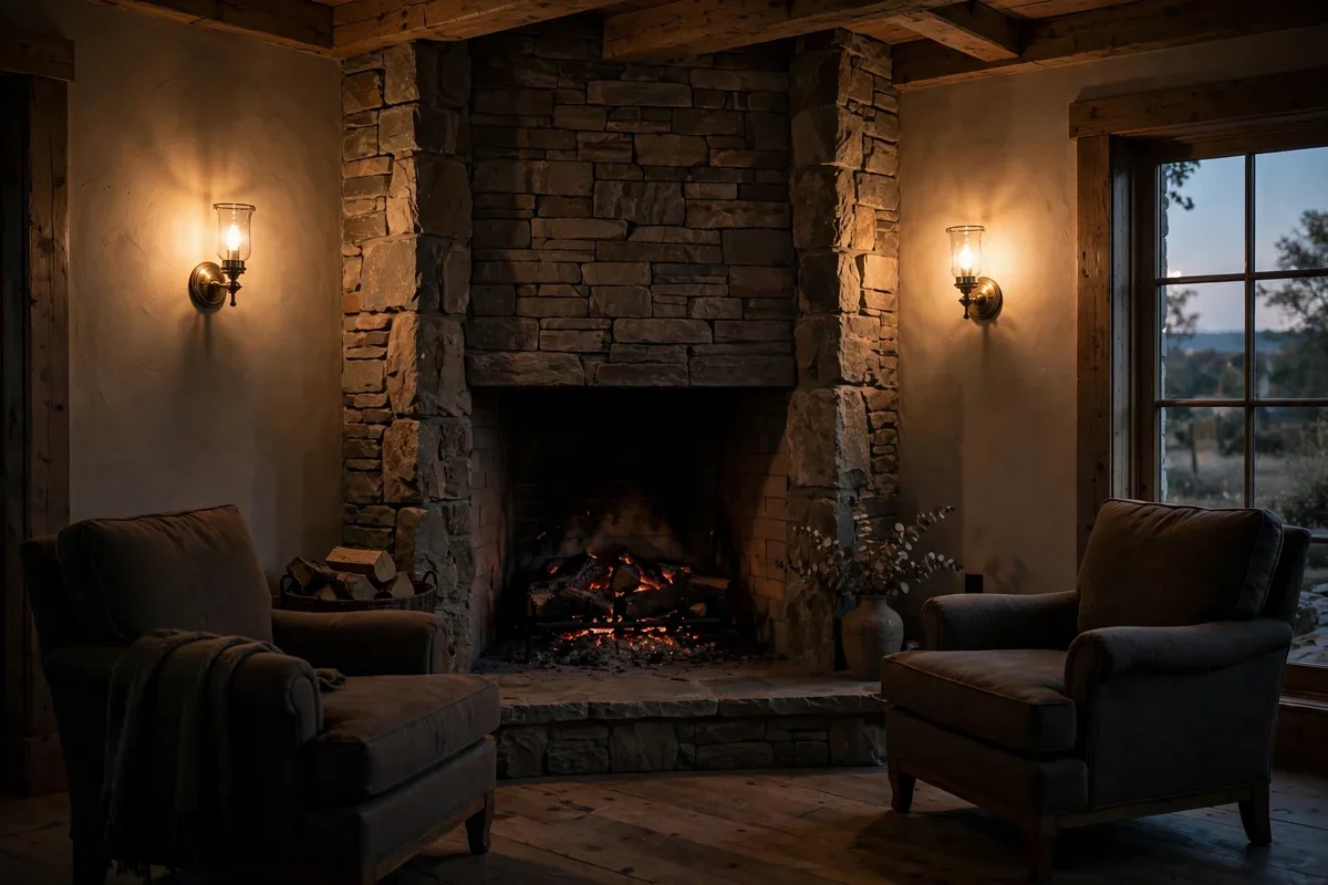 Warm wall sconces flanking a corner fireplace casting a soft glow