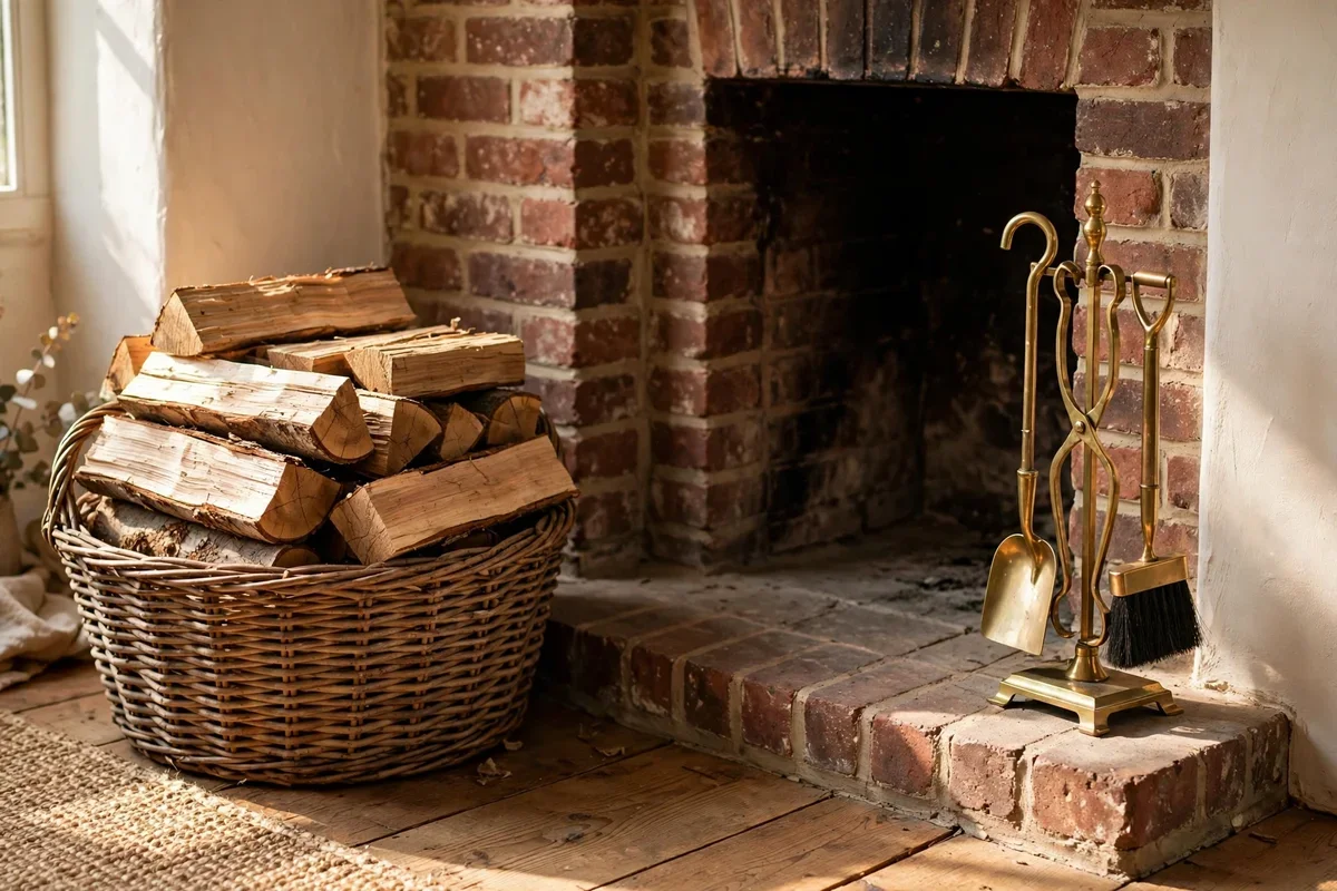 Woven log basket and brass fireside tool set beside a corner hearth