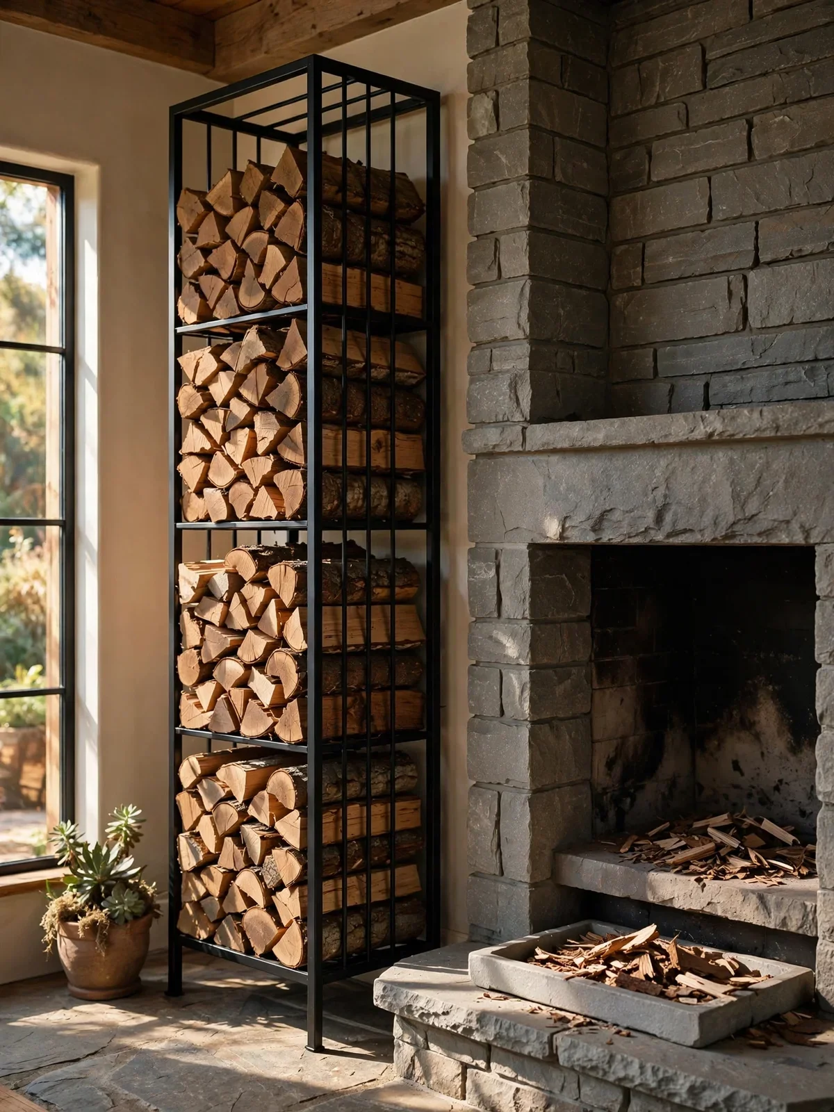 Narrow metal log store with neatly stacked firewood beside a fireplace